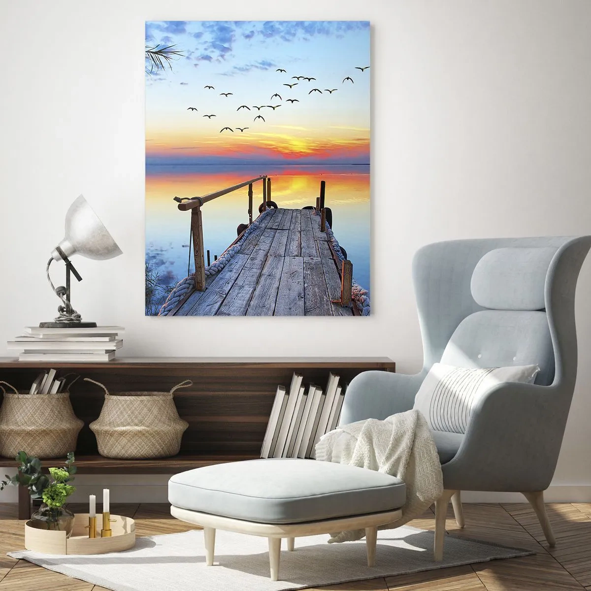 Glasbild - Bild auf glas - Holzsteg über dem See bei Sonnenuntergang - 70x100cm - Es ist Zeit, zurückzukehren ... - Moderne Wanddekoration für Wohnzimmer und Schlafzimmer ARTTOR