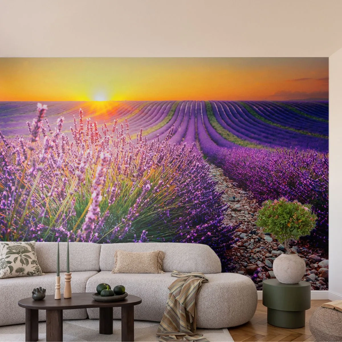 Fototapete Premium Sand - Lavendelfelder bei Sonnenuntergang - 100x70cm - Duftende Kornfelder - Moderne Wanddekoration für Wohnzimmer und Schlafzimmer ARTTOR
