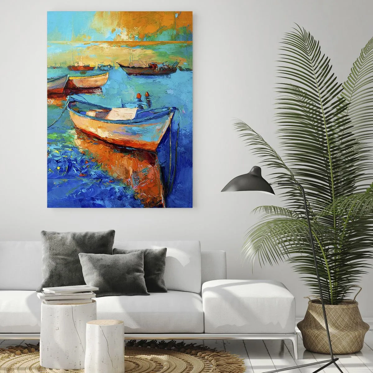 Glasbild - Bild auf glas - Bunte Boote auf ruhigem Wasserhintergrund - 50x70cm - In der südlichen Bucht - Moderne Wanddekoration für Wohnzimmer und Schlafzimmer ARTTOR