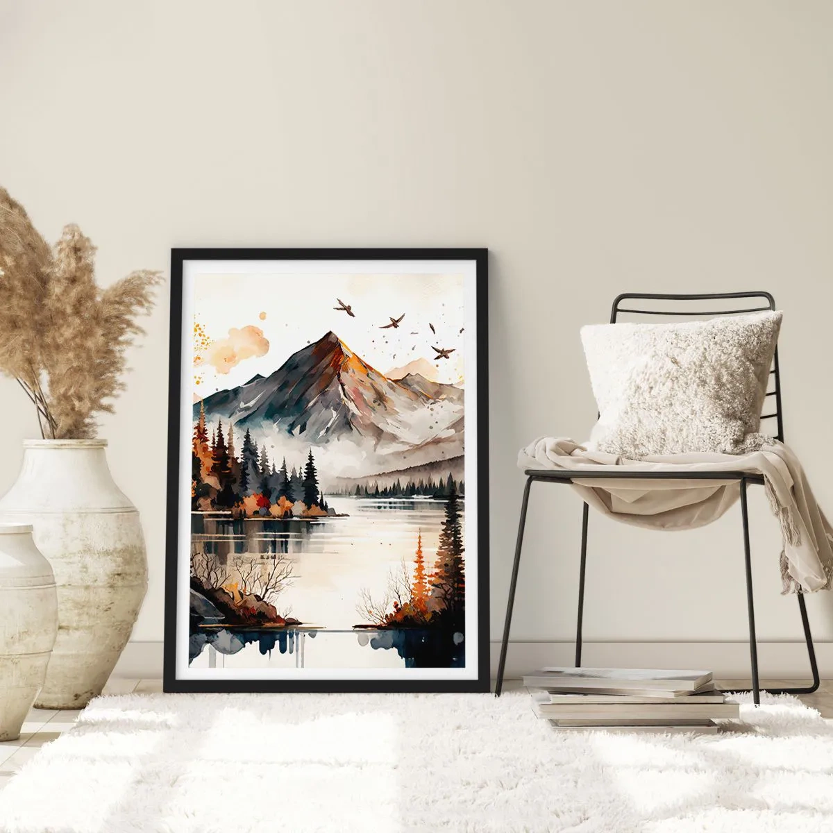 Poster in einem schwarzem Rahmen - Herbstliche Berglandschaft über einem ruhigen See - 50x70cm - Goldener Herbst in den Bergen - Moderne Wanddekoration für Wohnzimmer und Schlafzimmer ARTTOR