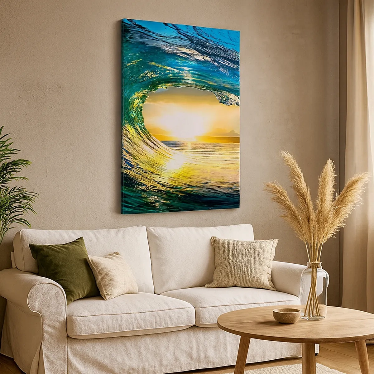 Bild auf Leinwand - Leinwandbild - Meereswelle in der Sonne mit Blick auf den Horizont - 50x70cm - In einem smaragd-goldenen Kristall - Moderne Wanddekoration für Wohnzimmer und Schlafzimmer ARTTOR
