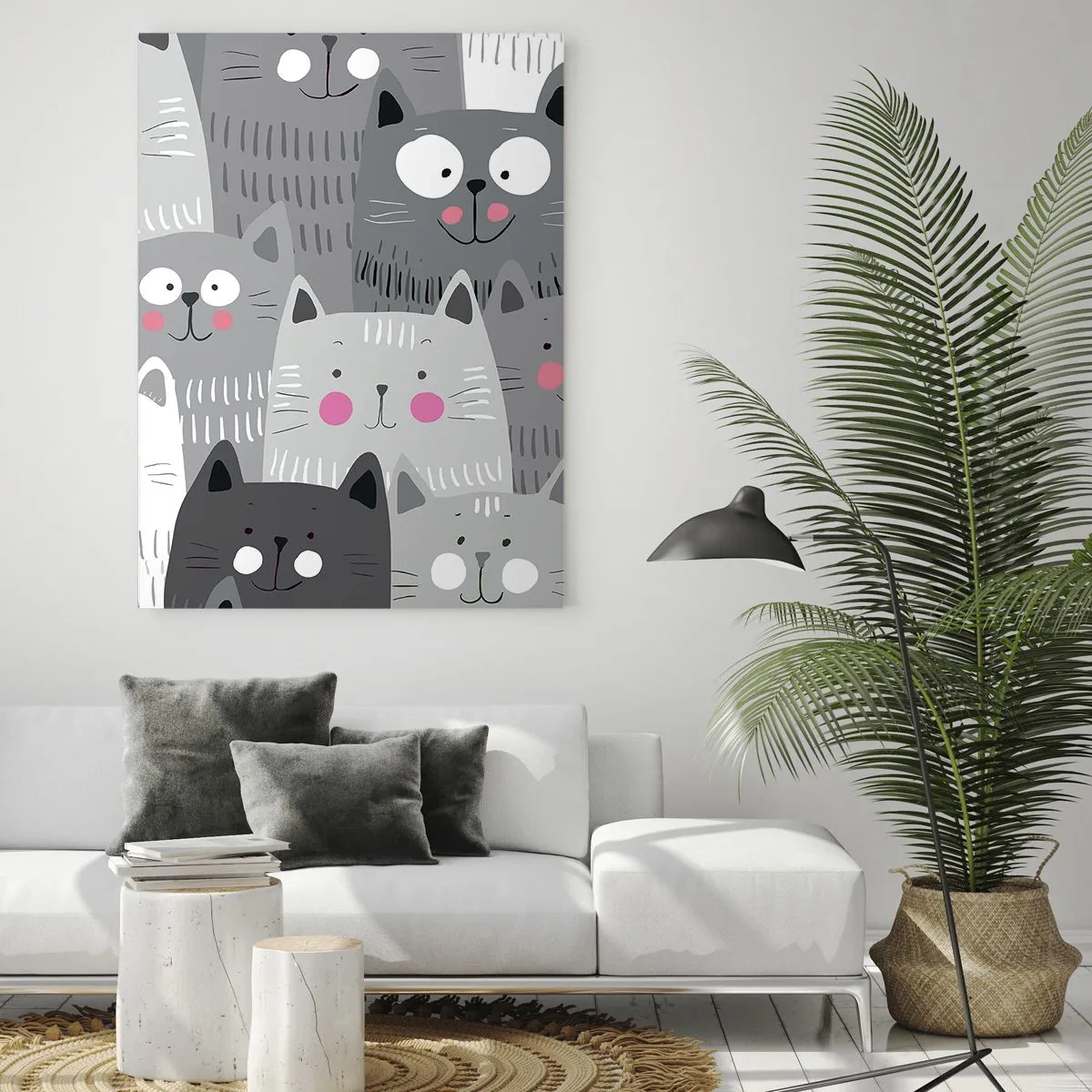 Glasbild - Bild auf glas - Ein lustiges Muster mit Katzen in Grautönen - 80x120cm - Katzenwelt - Moderne Wanddekoration für Wohnzimmer und Schlafzimmer ARTTOR