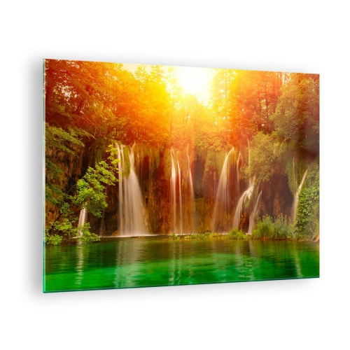 Glasbild - Bild auf glas - Wasserfälle in einem sonnigen Wald mit türkisfarbenem Wasser - 70x50cm - In der Sonne und im Schatten - Moderne Wanddekoration für Wohnzimmer und Schlafzimmer ARTTOR