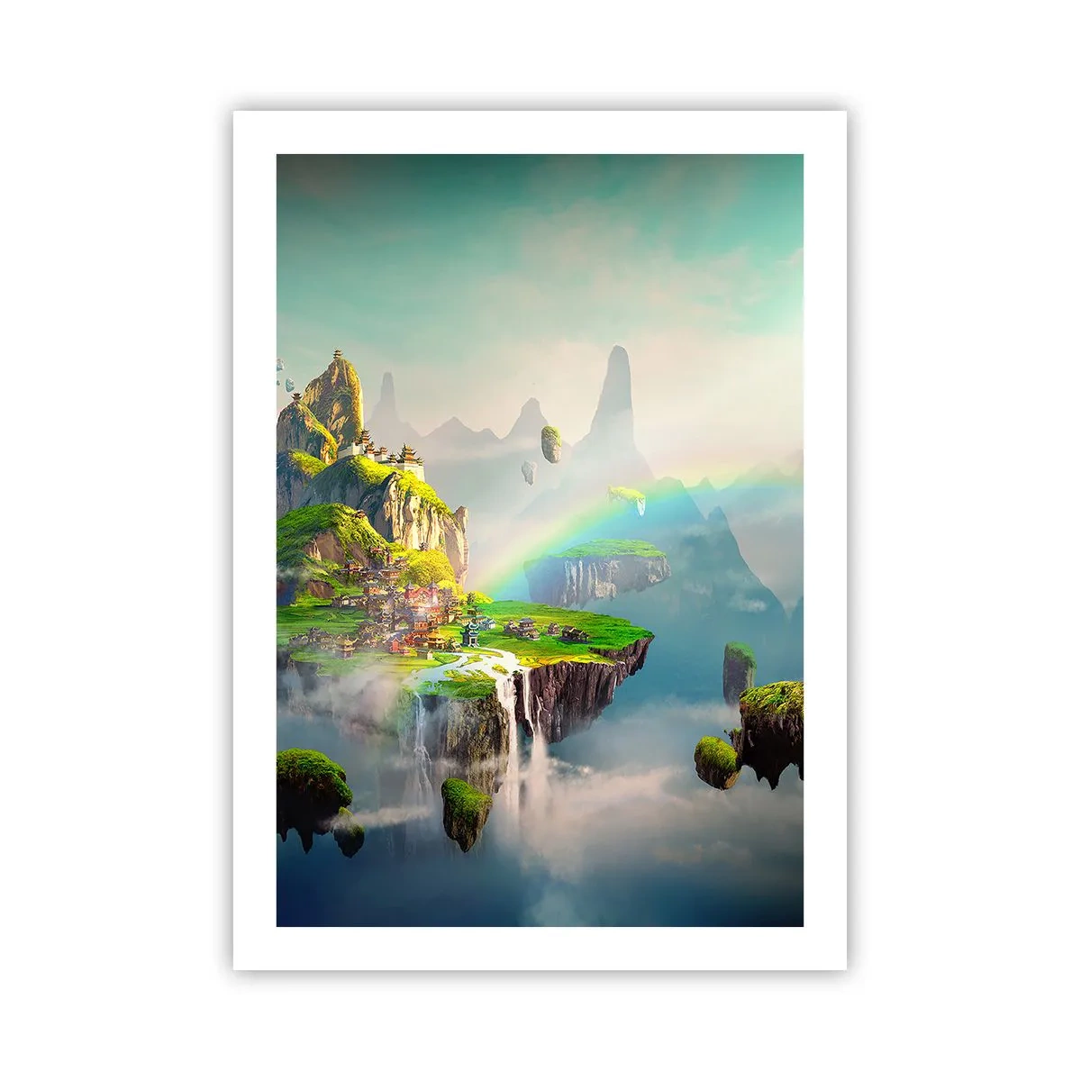 Poster - Eine zauberhafte Landschaft mit Bergen, einem Regenbogen und einem Wasserfall - 50x70cm - Mitten am Himmel - glückliche Inseln - Moderne Wanddekoration für Wohnzimmer und Schlafzimmer ARTTOR