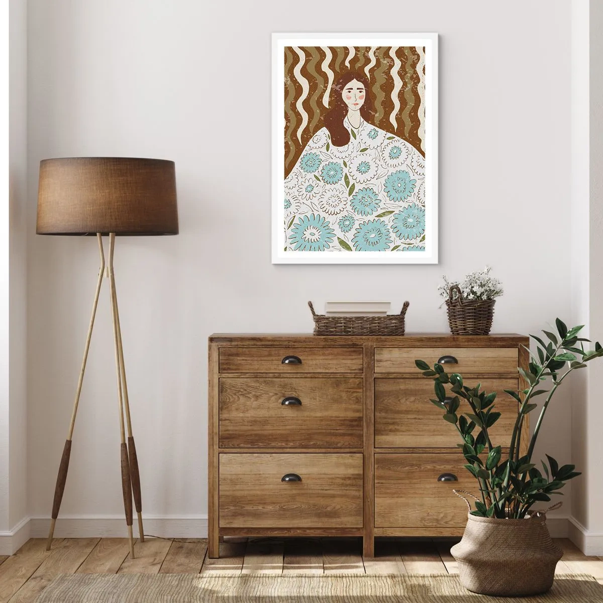 Poster in einem weißen Rahmen - Porträt im floralen Gewand - 70x100 cm