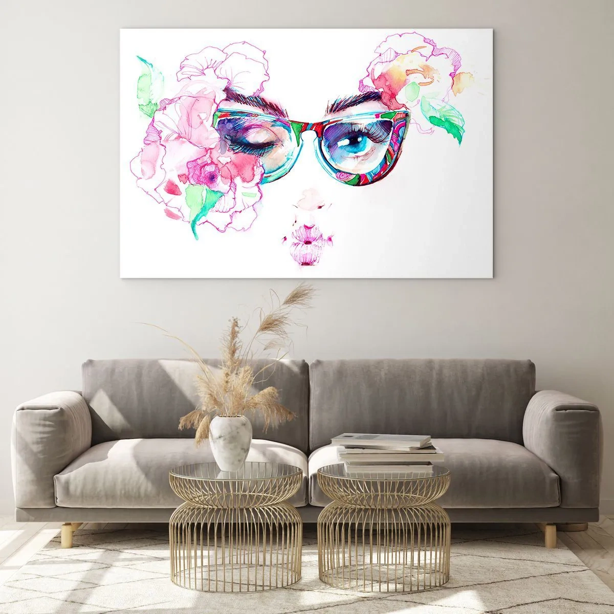 Glasbild - Bild auf glas - Frauenaugen mit Blumen und bunten Gläsern im Aquarellstil - 70x50cm - Ein verlockendes Versprechen - Moderne Wanddekoration für Wohnzimmer und Schlafzimmer ARTTOR