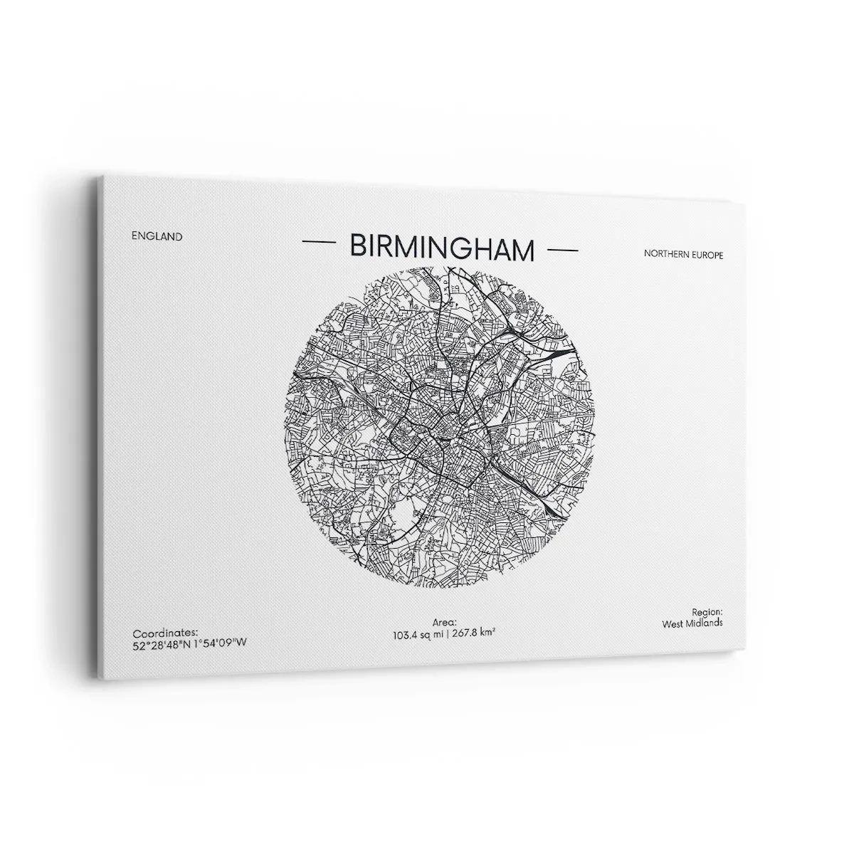 Bild auf Leinwand - Leinwandbild - Eine minimalistische Schwarzweißkarte von Birmingham mit präzisen Details. - 100x70cm - Anatomie von Birmingham - Moderne Wanddekoration für Wohnzimmer und Schlafzimmer ARTTOR