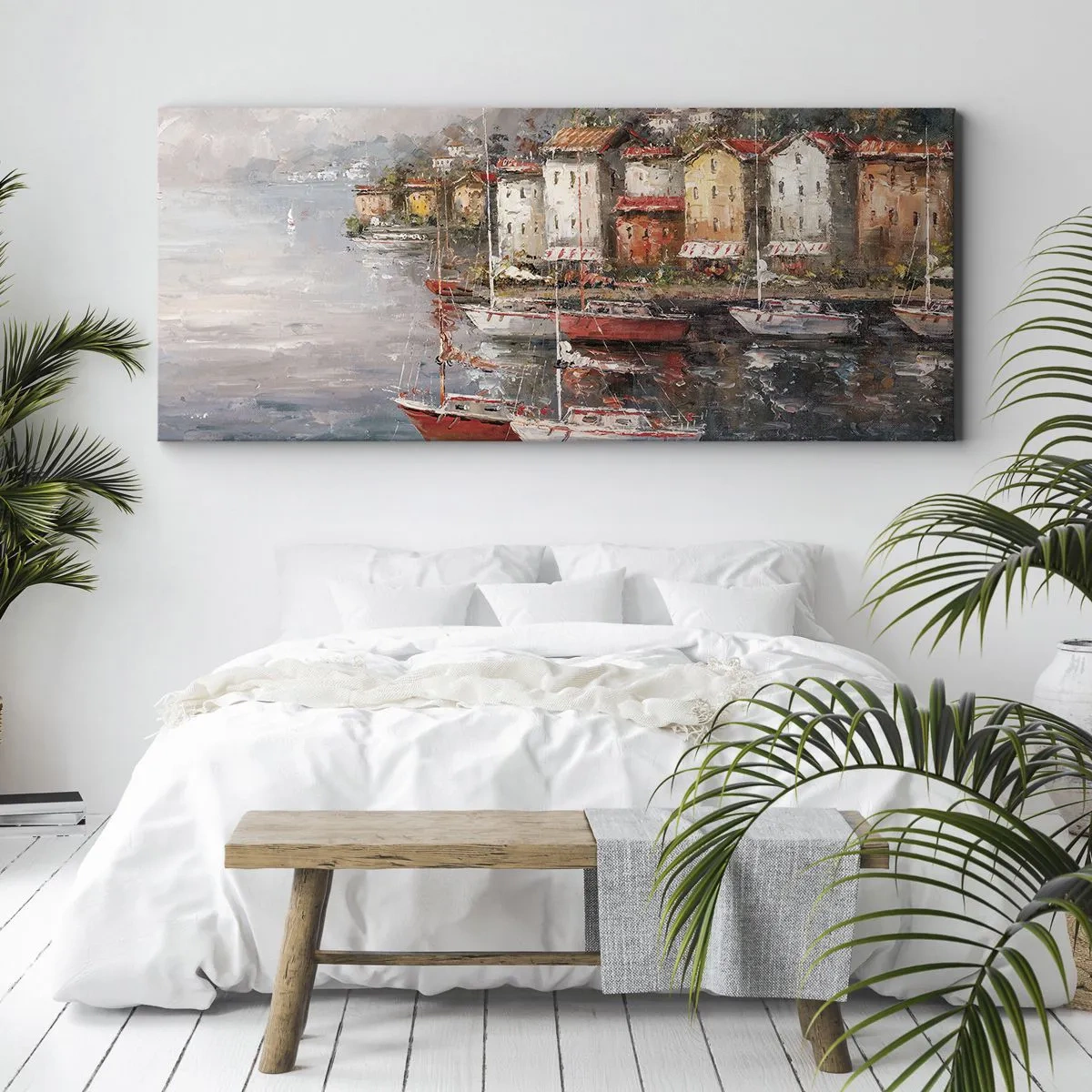 Bild auf Leinwand - Leinwandbild - Küstenlandschaft mit Booten und bunten Häusern - 140x50cm - Romantische Oase - Moderne Wanddekoration für Wohnzimmer und Schlafzimmer ARTTOR