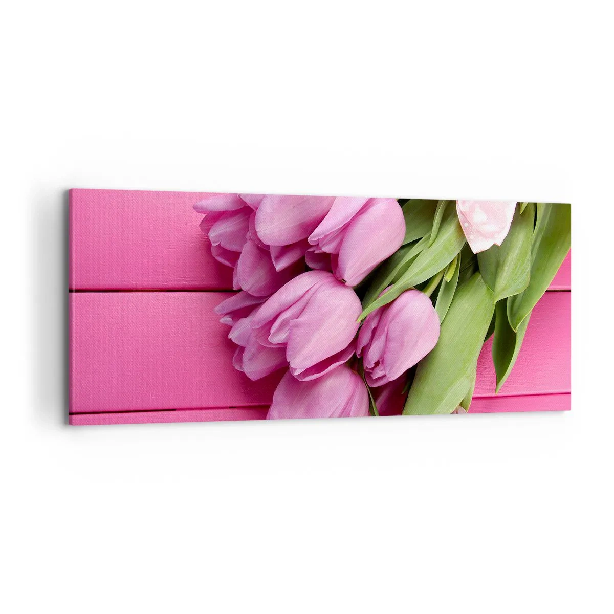 Bild auf Leinwand - Leinwandbild - Ein Strauß rosa Tulpen mit Schleife auf rosa Hintergrund - 120x50cm - Nur für dich - Moderne Wanddekoration für Wohnzimmer und Schlafzimmer ARTTOR