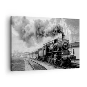 Bild auf Leinwand - Leinwandbild - Eine schwarz-weiße Dampflokomotive vor einer Berglandschaft - 70x50cm - Steht am Bahnhof ... - Moderne Wanddekoration für Wohnzimmer und Schlafzimmer ARTTOR