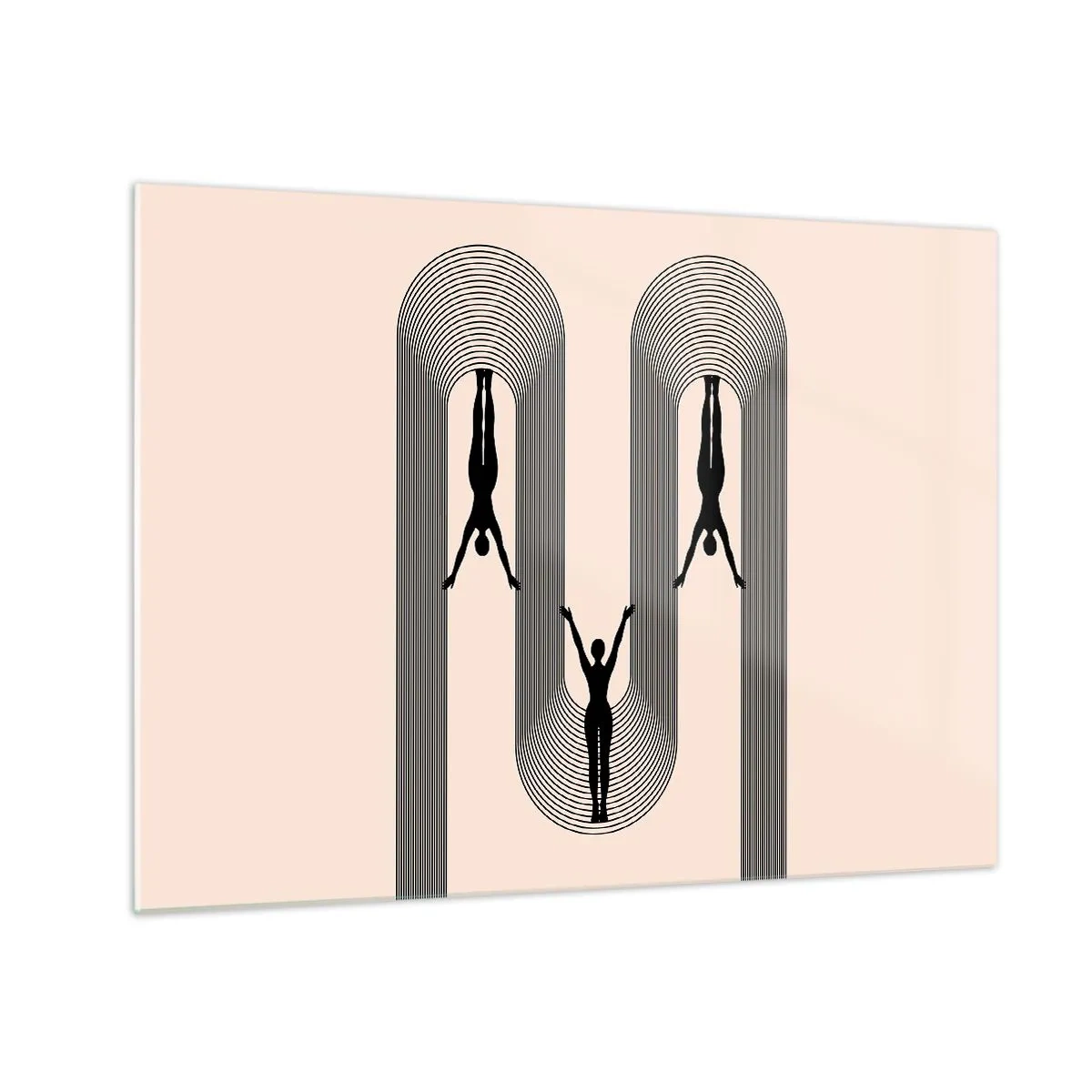 Glasbild - Bild auf glas - Schwarze Silhouetten von Figuren, die in rhythmischen Bögen schweben - 70x50cm - Verkehrt herum - Moderne Wanddekoration für Wohnzimmer und Schlafzimmer ARTTOR