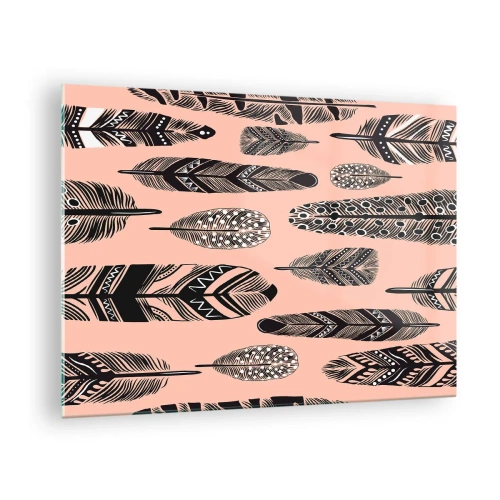 Glasbild - Bild auf glas - Dekorative Federn mit schwarz-weißem Muster auf rosa Hintergrund - 70x50cm - Indische Sammlung - Moderne Wanddekoration für Wohnzimmer und Schlafzimmer ARTTOR