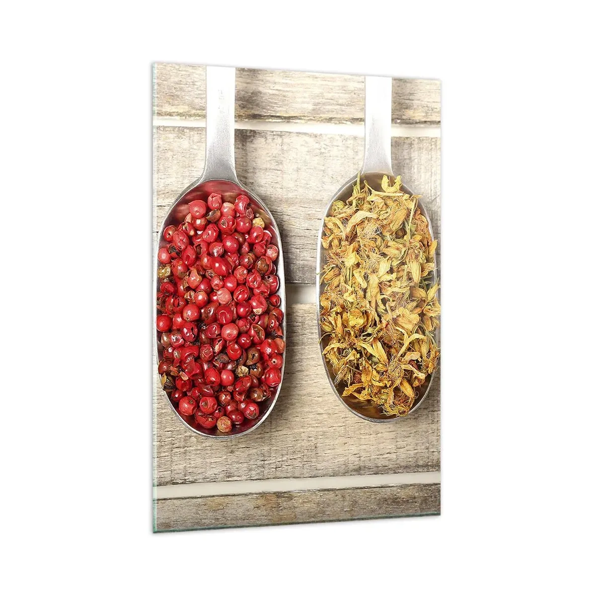 Glasbild - Bild auf glas - Drei Metalllöffel mit Gewürzen auf einem hölzernen Hintergrund - 80x120cm - Küchenzauber - Moderne Wanddekoration für Wohnzimmer und Schlafzimmer ARTTOR