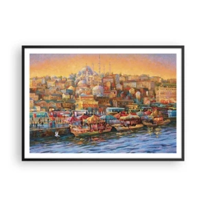 Poster in einem schwarzem Rahmen - Malerisches Panorama von Istanbul mit Blick auf die Bucht und die Stadt - 100x70cm - Istanbuler Geschichte - Moderne Wanddekoration für Wohnzimmer und Schlafzimmer ARTTOR