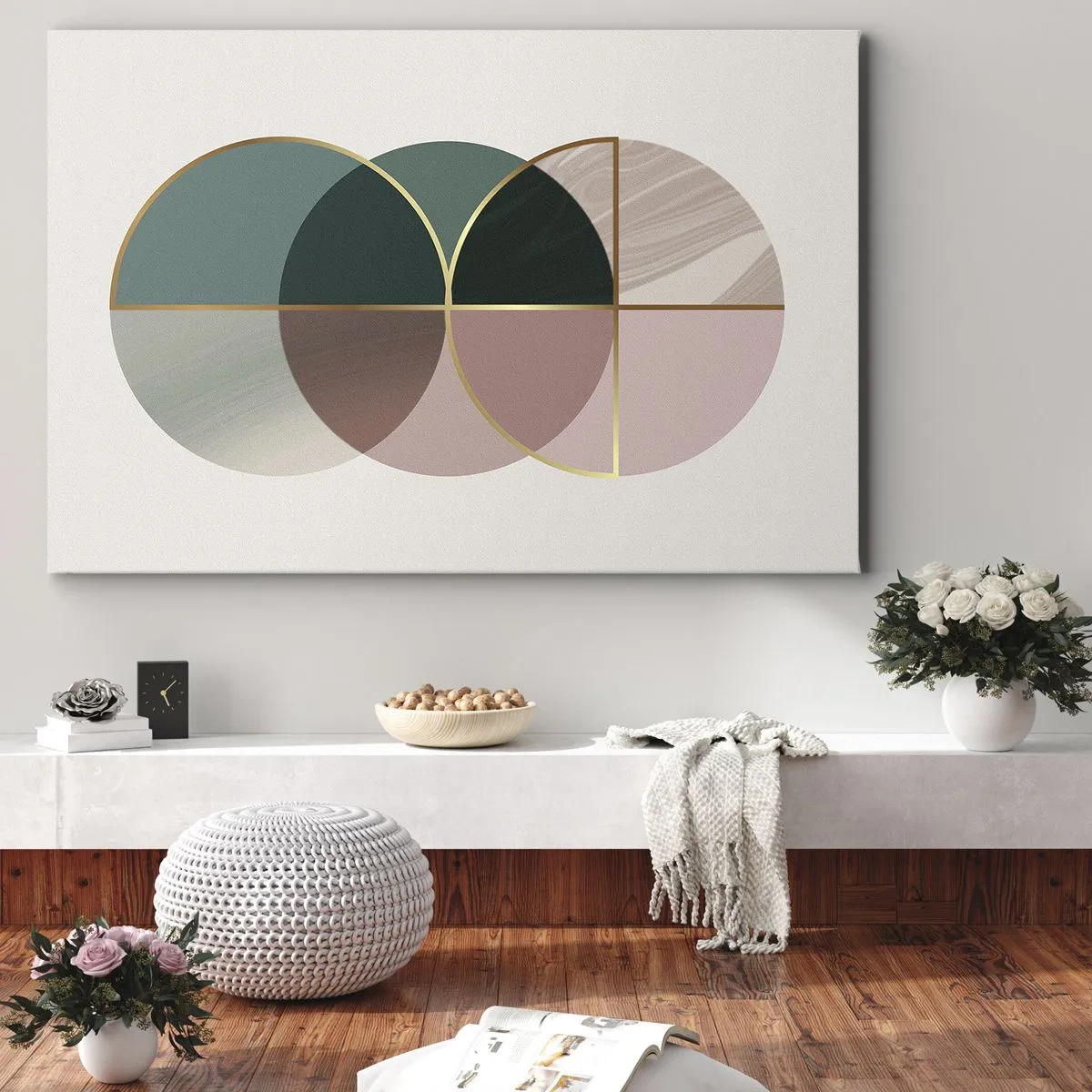 Bild auf Leinwand - Leinwandbild - Eine abstrakte Komposition aus geometrischen Formen und goldenen Linien. - 70x50cm - Ein Rad hinter dem anderen… - Moderne Wanddekoration für Wohnzimmer und Schlafzimmer ARTTOR