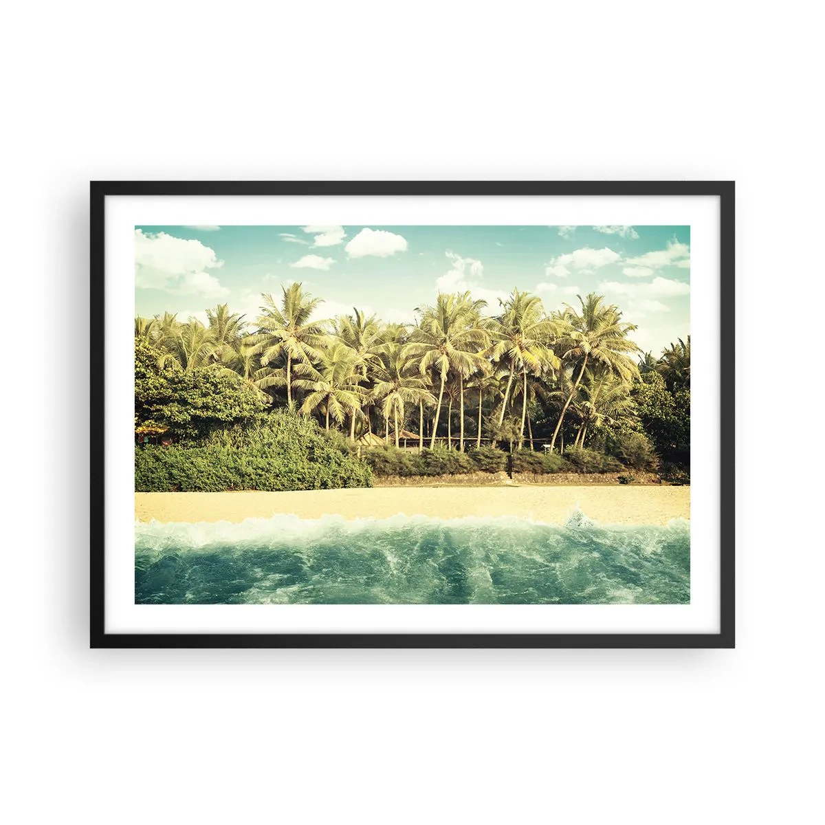 Poster in einem schwarzem Rahmen - Tropischer Strand mit Palmen und türkisfarbenem Meer - 70x50cm - Wie wäre es hier? - Moderne Wanddekoration für Wohnzimmer und Schlafzimmer ARTTOR