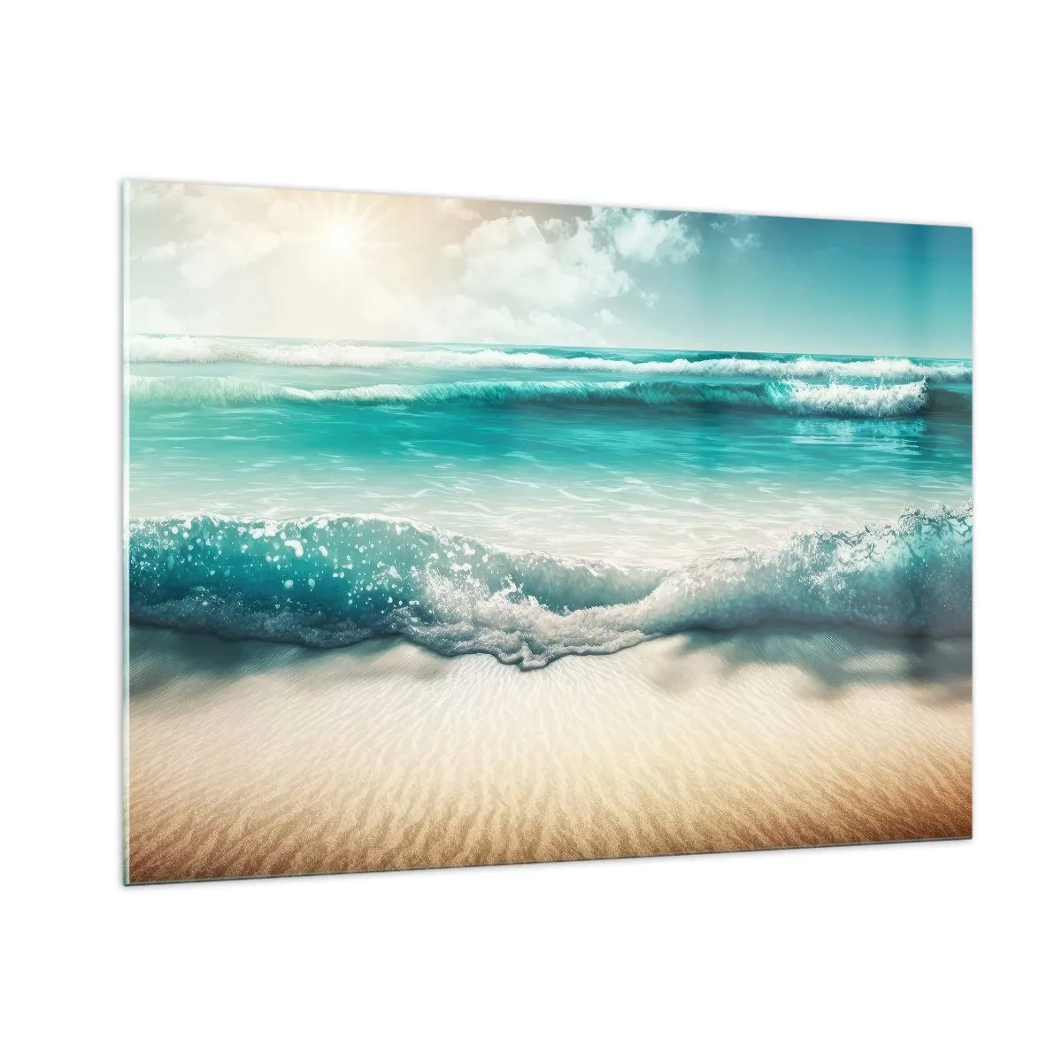 Glasbild - Bild auf glas - Türkisfarbene Meereswellen plätschern gegen einen Sandstrand - 100x70cm - Frieden des Ozeans - Moderne Wanddekoration für Wohnzimmer und Schlafzimmer ARTTOR