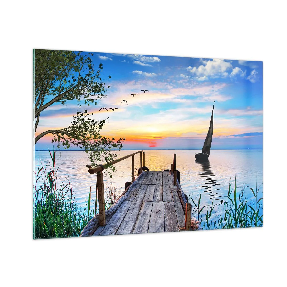 Glasbild - Bild auf glas - Ein Steg am See bei Sonnenuntergang mit einem Segelboot im Hintergrund - 100x70cm - Guten Abend - Moderne Wanddekoration für Wohnzimmer und Schlafzimmer ARTTOR