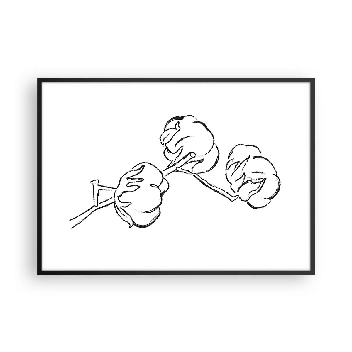 Poster in einem schwarzem Rahmen - Ein zarter Umriss eines Baumwollzweigs auf weißem Hintergrund - 100x70cm - Baumwolldaunen - Moderne Wanddekoration für Wohnzimmer und Schlafzimmer ARTTOR