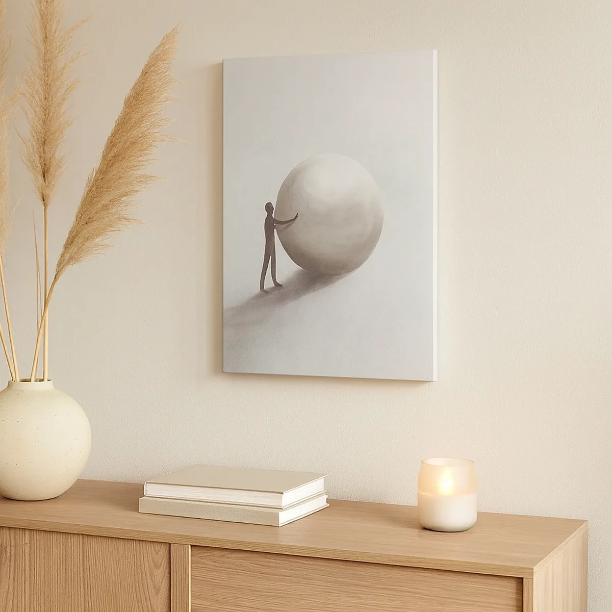 Bild auf Leinwand - Leinwandbild - Eine minimalistische Figur mit einem Ball auf einem hellen, monochromen Hintergrund. - 50x70cm - Das Spiel des Lebens - Moderne Wanddekoration für Wohnzimmer und Schlafzimmer ARTTOR