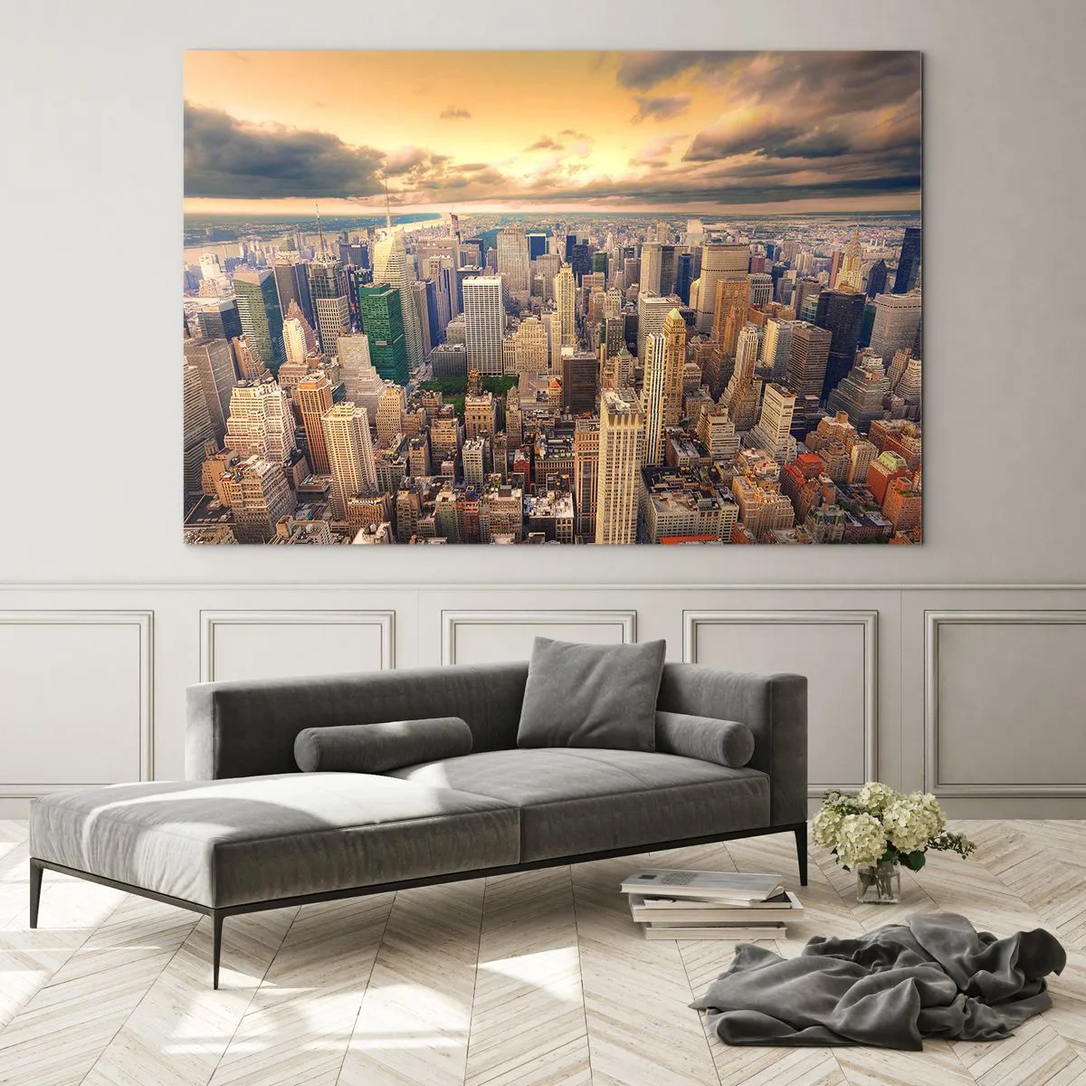 Glasbild - Bild auf glas - Stadtpanorama mit Wolkenkratzern bei Sonnenuntergang - 70x50cm - Vergoldete Metropole - Moderne Wanddekoration für Wohnzimmer und Schlafzimmer ARTTOR