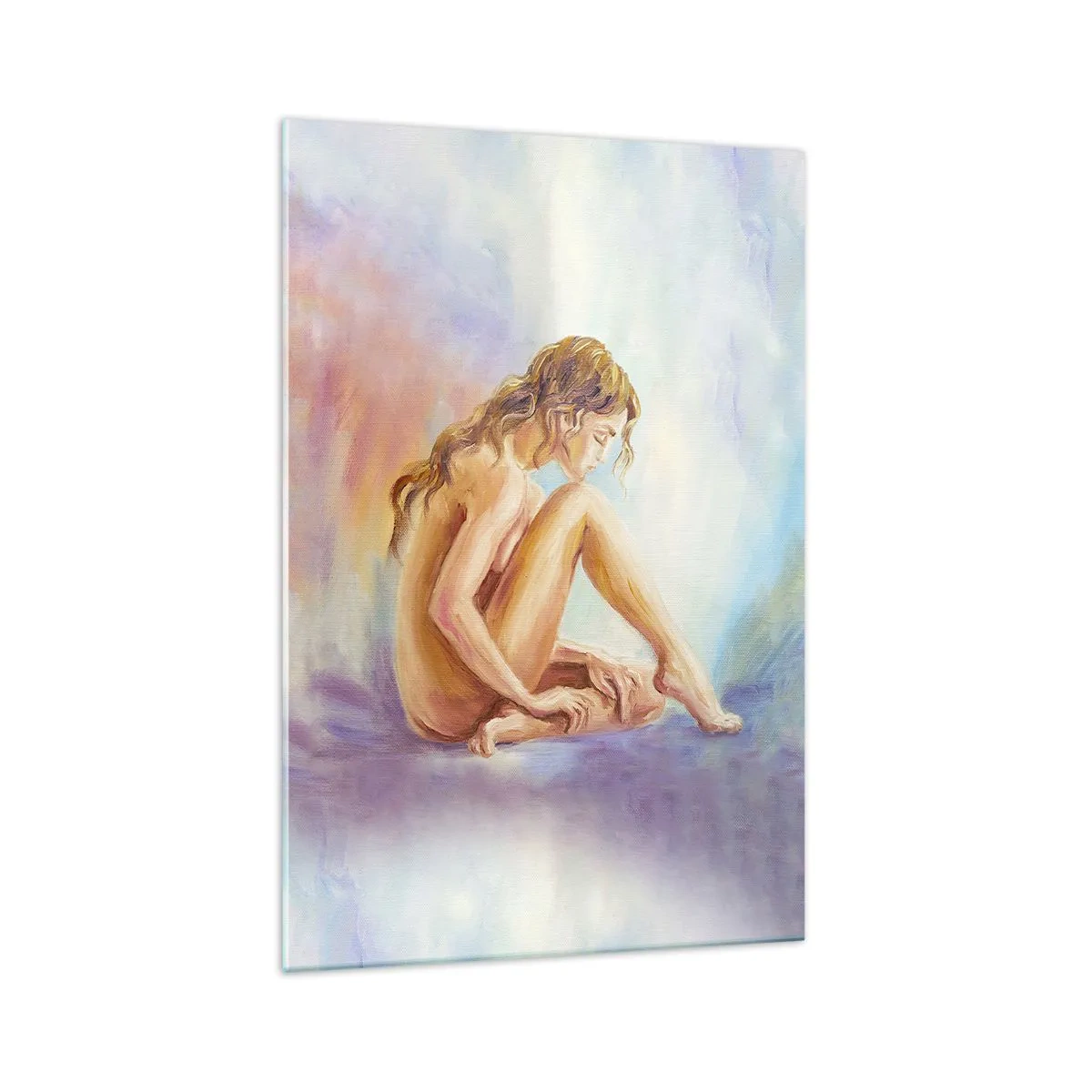 Glasbild - Bild auf glas - Eine zarte Figur einer Frau auf einem pastellfarbenen Hintergrund - 70x100cm - Akt der Jugend - Moderne Wanddekoration für Wohnzimmer und Schlafzimmer ARTTOR
