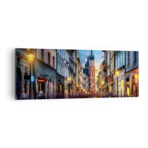 Bild auf Leinwand - Leinwandbild - Abendliche Straße mit Blick auf die Krakauer Kathedrale - 140x50cm - Krakauer Charme - Moderne Wanddekoration für Wohnzimmer und Schlafzimmer ARTTOR