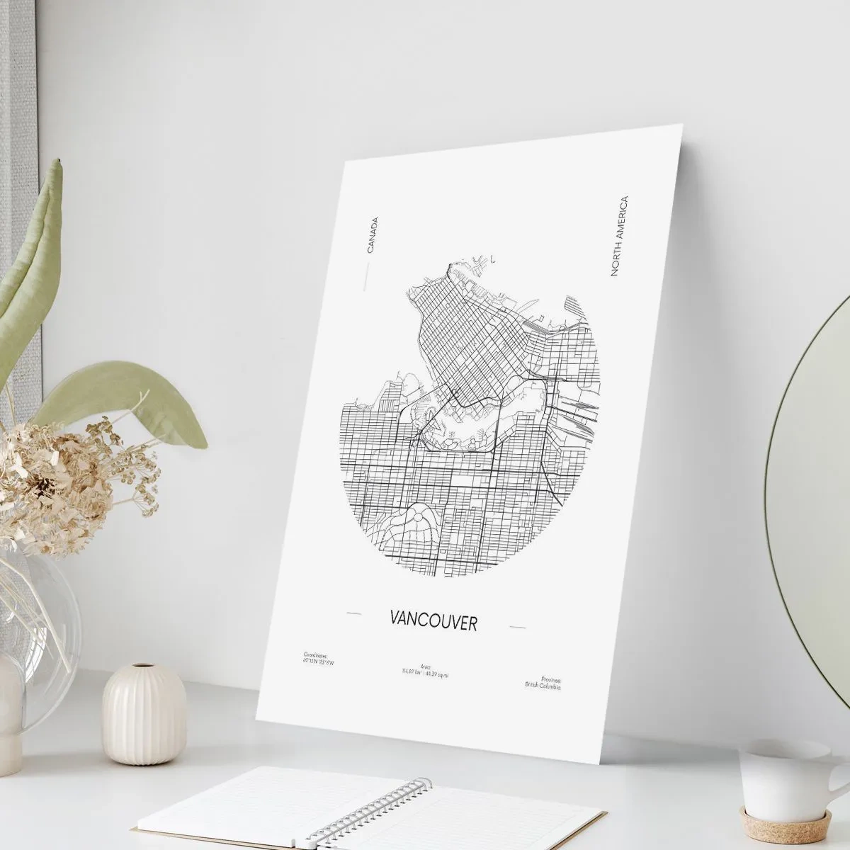 Poster - Eine minimalistische Schwarz-Weiß-Karte von Vancouver - 50x70cm - Anatomie von Vacouver - Moderne Wanddekoration für Wohnzimmer und Schlafzimmer ARTTOR