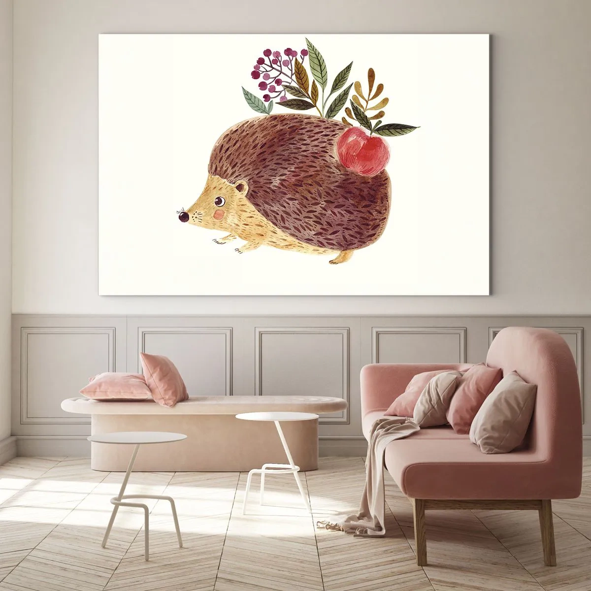 Glasbild - Bild auf glas - Ein Cartoon-Igel mit einem Apfel und Zweigen auf dem Rücken - 120x80cm - Und dann magst du mich schon - Moderne Wanddekoration für Wohnzimmer und Schlafzimmer ARTTOR