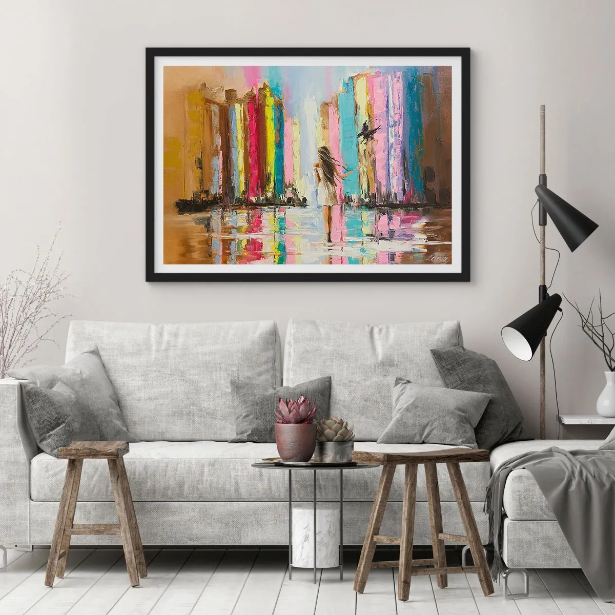 Poster in einem schwarzem Rahmen - Eine bunte Stadt und eine Frau in einem weißen Kleid mit einem Vogel - 70x50cm - Folge mir - Moderne Wanddekoration für Wohnzimmer und Schlafzimmer ARTTOR