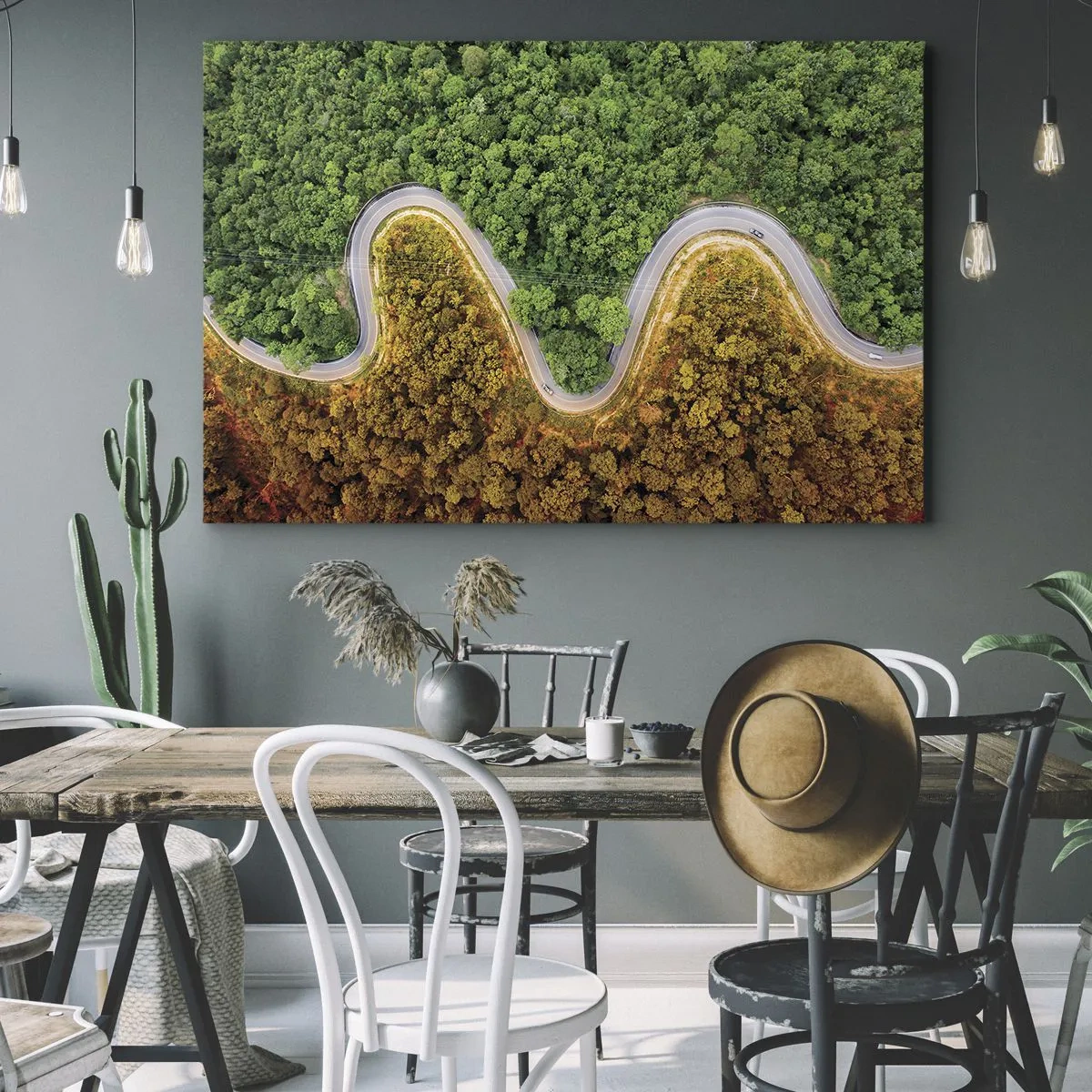 Bild auf Leinwand - Leinwandbild - Eine kurvenreiche Straße durch den Wald aus der Vogelperspektive gesehen - 120x80cm - Grenzen und Durchbrüche - Moderne Wanddekoration für Wohnzimmer und Schlafzimmer ARTTOR