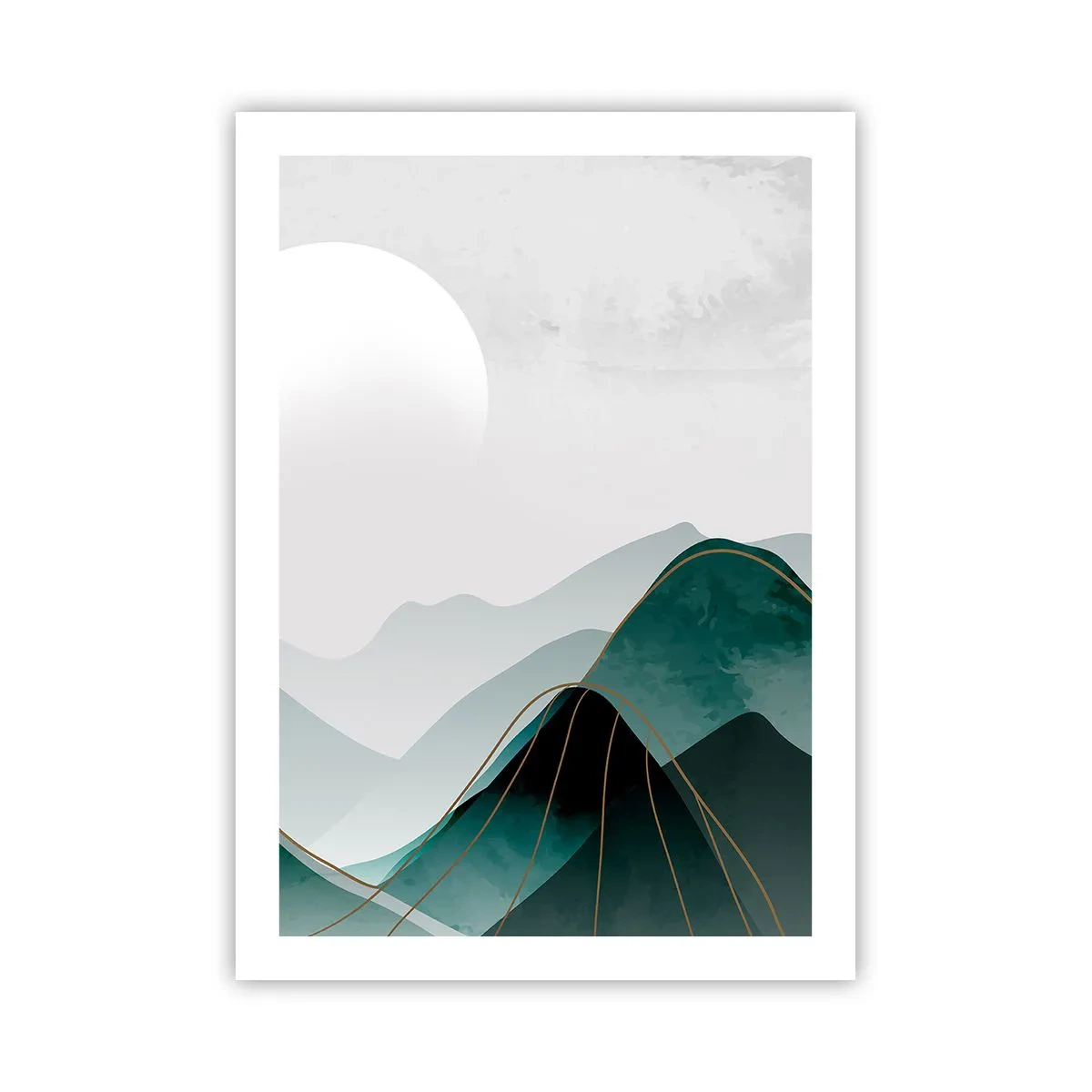 Poster - Abstrakte Berge in Grüntönen mit zartem Gold - 50x70cm - In voller Majestät - Moderne Wanddekoration für Wohnzimmer und Schlafzimmer ARTTOR