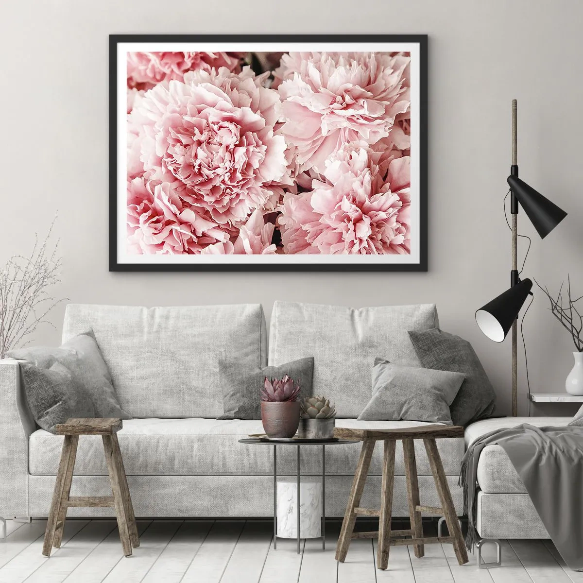 Poster in einem schwarzem Rahmen - Zarte rosa Pfingstrosen in zartem Ambiente - 70x50cm - Rosa Traum - Moderne Wanddekoration für Wohnzimmer und Schlafzimmer ARTTOR