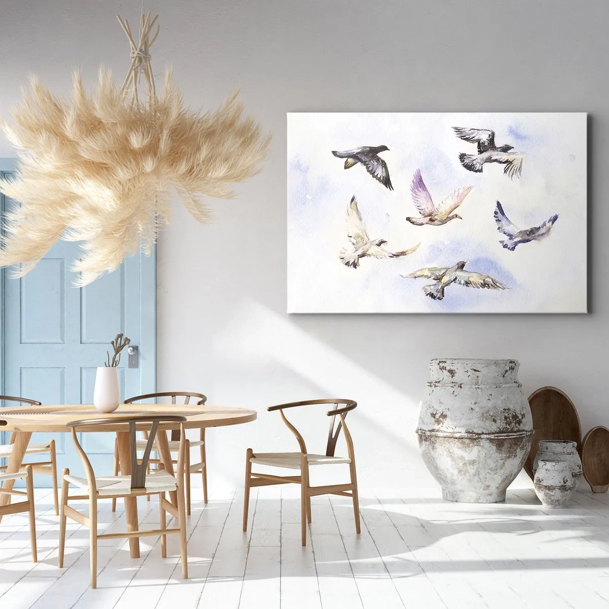 Bild auf Leinwand - Leinwandbild - Aquarellvögel im Flug vor einem zarten Himmel - 120x80cm - Freiheit in Grau und Blau - Moderne Wanddekoration für Wohnzimmer und Schlafzimmer ARTTOR