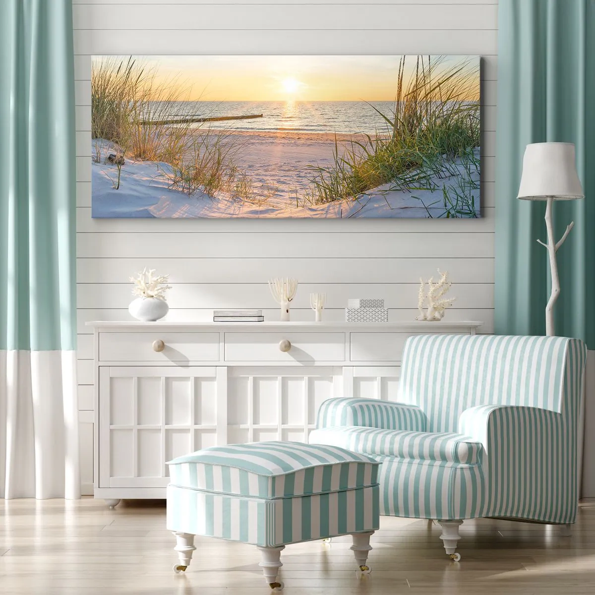 Bild auf Leinwand - Leinwandbild - Ein Sandstrand mit Blick auf den Sonnenuntergang über dem Meer - 120x50cm - Das Rauschen des Meeres, der Gesang der Vögel, ein wilder Strand im Gras ... - Moderne Wanddekoration für Wohnzimmer und Schlafzimmer ARTTOR