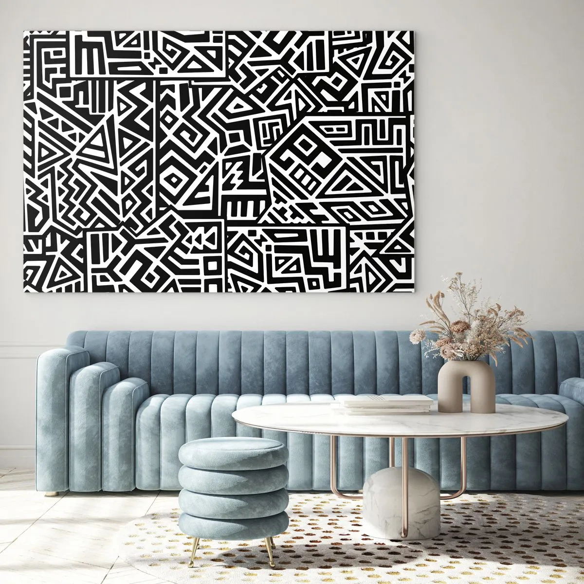 Glasbild - Bild auf glas - Schwarz-weißes Muster, inspiriert von Stammeskunst - 120x80cm - Präkolumbianische Komposition - Moderne Wanddekoration für Wohnzimmer und Schlafzimmer ARTTOR