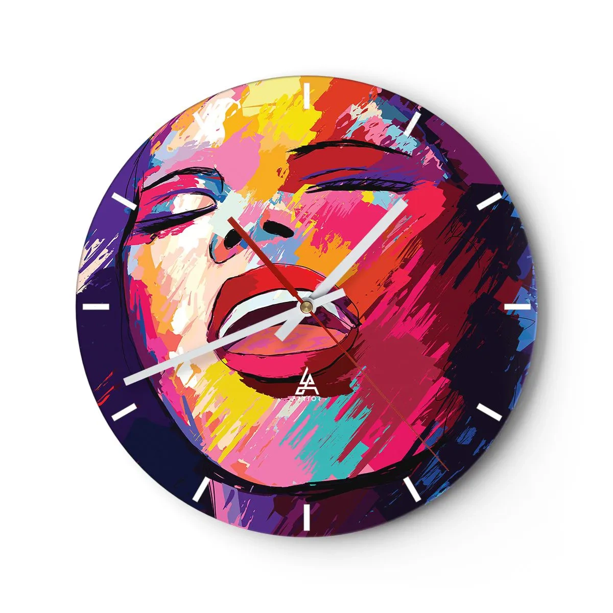 Wanduhr - Glasuhr - Ein farbenfrohes Porträt einer singenden Figur im abstrakten Stil. - 30x30cm - Sing mein ganzes Leben - Moderne Wanddekoration für Wohnzimmer, Küche und Schlafzimmer ARTTOR