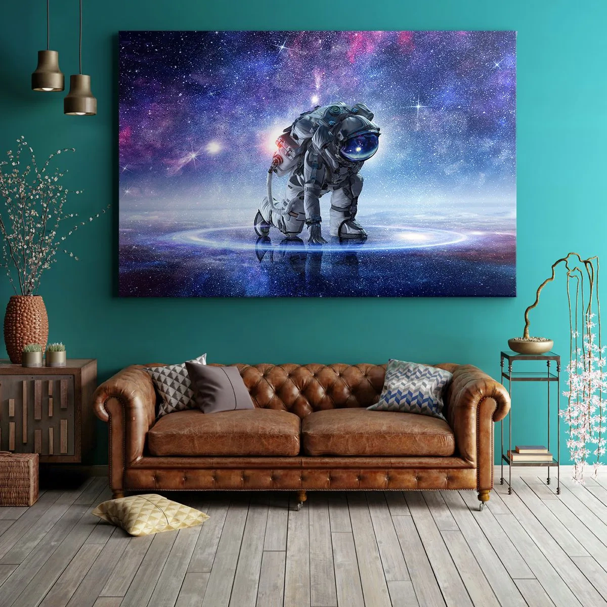 Bild auf Leinwand - Leinwandbild - Astronaut in einer galaktischen Landschaft - 70x50cm - Der Sternenhimmel über mir - Moderne Wanddekoration für Wohnzimmer und Schlafzimmer ARTTOR