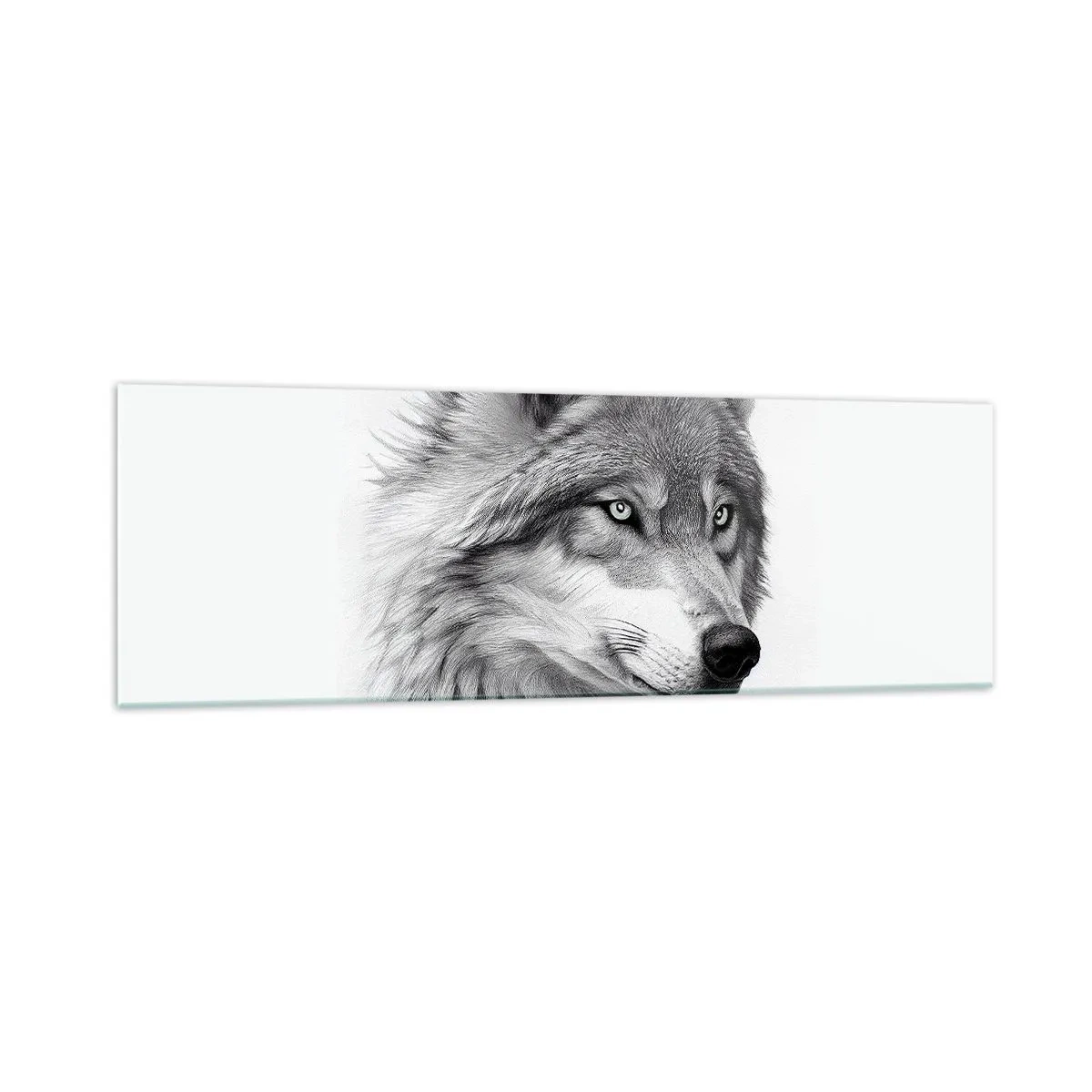 Glasbild - Bild auf glas - Ein realistisches Porträt eines Wolfes in Grautönen. - 160x50cm - Alpha – ohne Zweifel - Moderne Wanddekoration für Wohnzimmer und Schlafzimmer ARTTOR