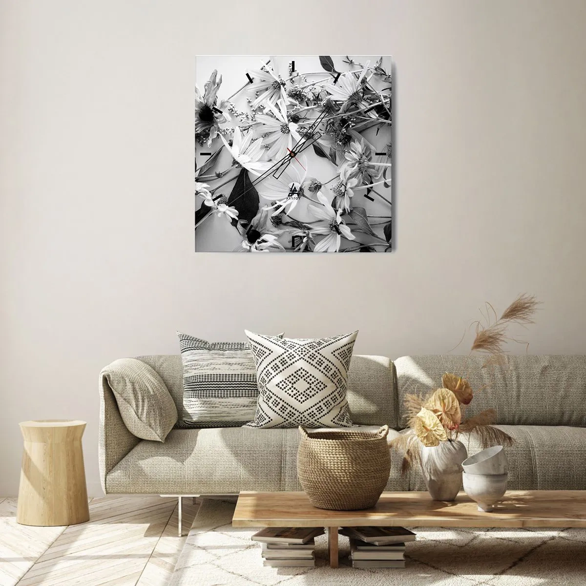 Wanduhr - Glasuhr - Schwarz-weiße Blumenarrangements in dezentem Kunststil - 30x30cm - Kein Blumenstrauß - Moderne Wanddekoration für Wohnzimmer und Schlafzimmer ARTTOR