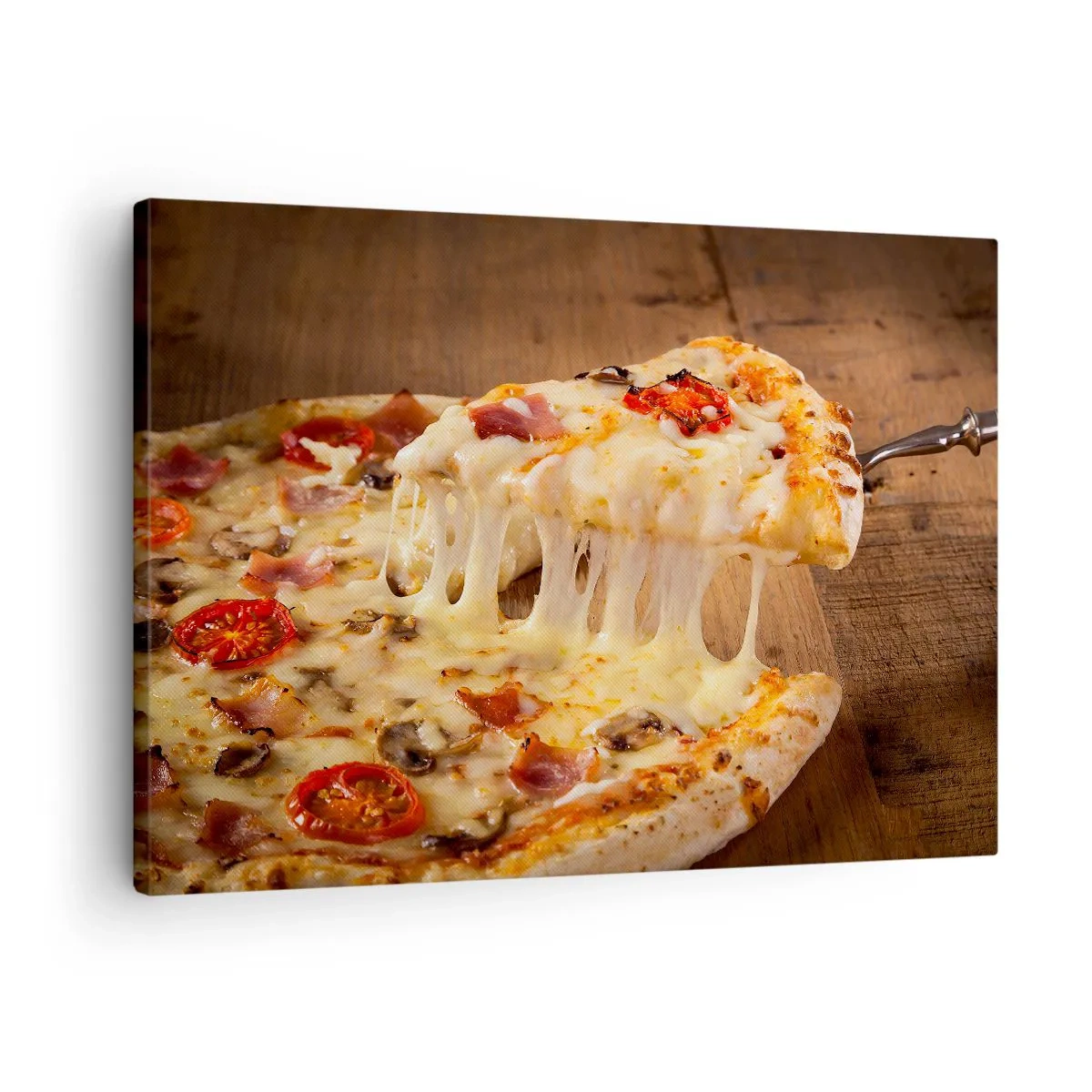 Bild auf Leinwand - Leinwandbild - Pizza mit faserigem Käse - 70x50cm - Ein Meisterwerk der italienischen Kunst - Moderne Wanddekoration für Wohnzimmer und Schlafzimmer ARTTOR
