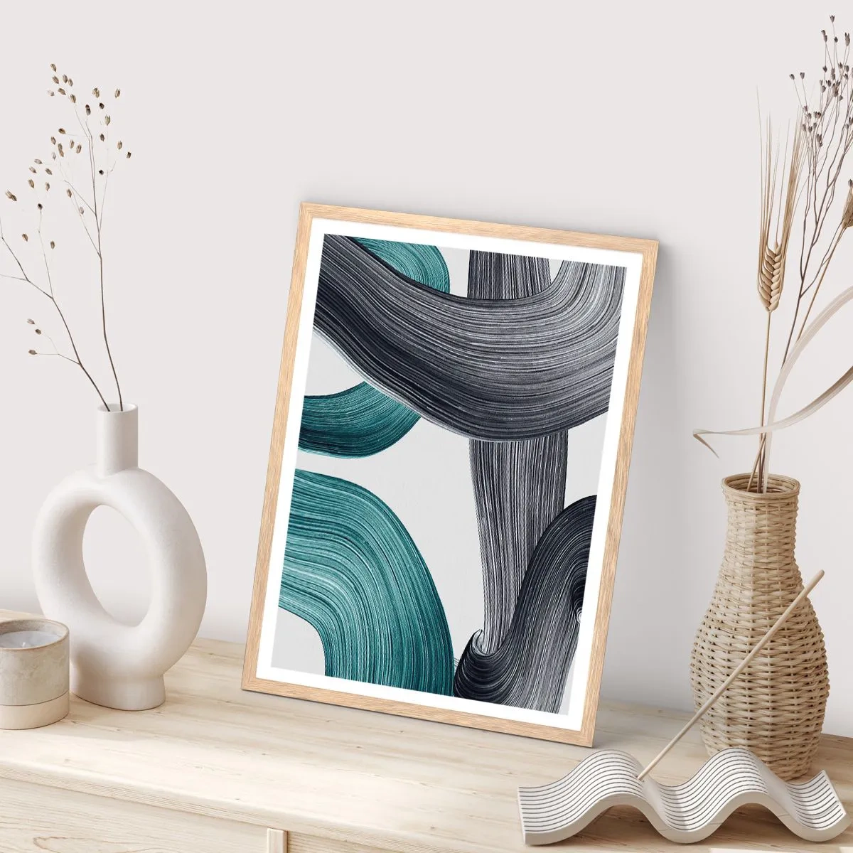 Poster in einem Rahmen aus heller Eiche - Smaragdgrüne und schwarze Pfade - 50x70 cm