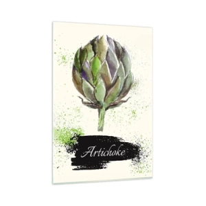 Glasbild - Bild auf glas - Aquarell Artischocke mit Text auf hellem Hintergrund mit grünen Akzenten - 80x120cm - Eviva-Gemüse! - Moderne Wanddekoration für Wohnzimmer und Schlafzimmer ARTTOR