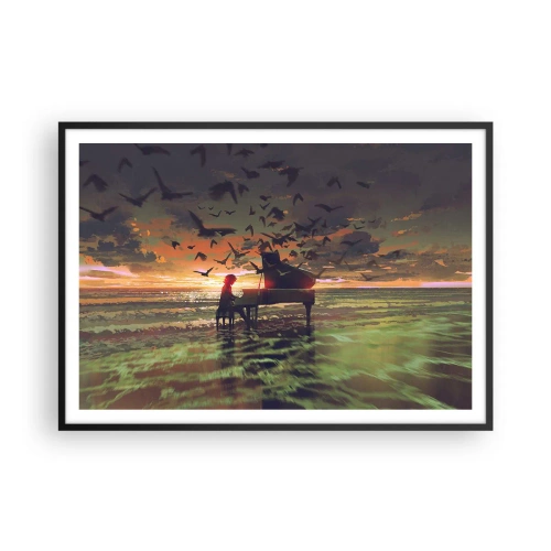Poster in einem schwarzem Rahmen - Ein Klavier am Meeresufer bei Sonnenuntergang mit Vögeln - 100x70cm - Konzert für Klavier und Wellen - Moderne Wanddekoration für Wohnzimmer und Schlafzimmer ARTTOR