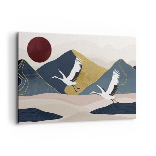 Bild auf Leinwand - Leinwandbild - Kraniche im Flug vor der Kulisse der Berge und einer roten Sonne - 120x80cm - Es ist wieder ein Tag VERFLOGEN - Moderne Wanddekoration für Wohnzimmer und Schlafzimmer ARTTOR