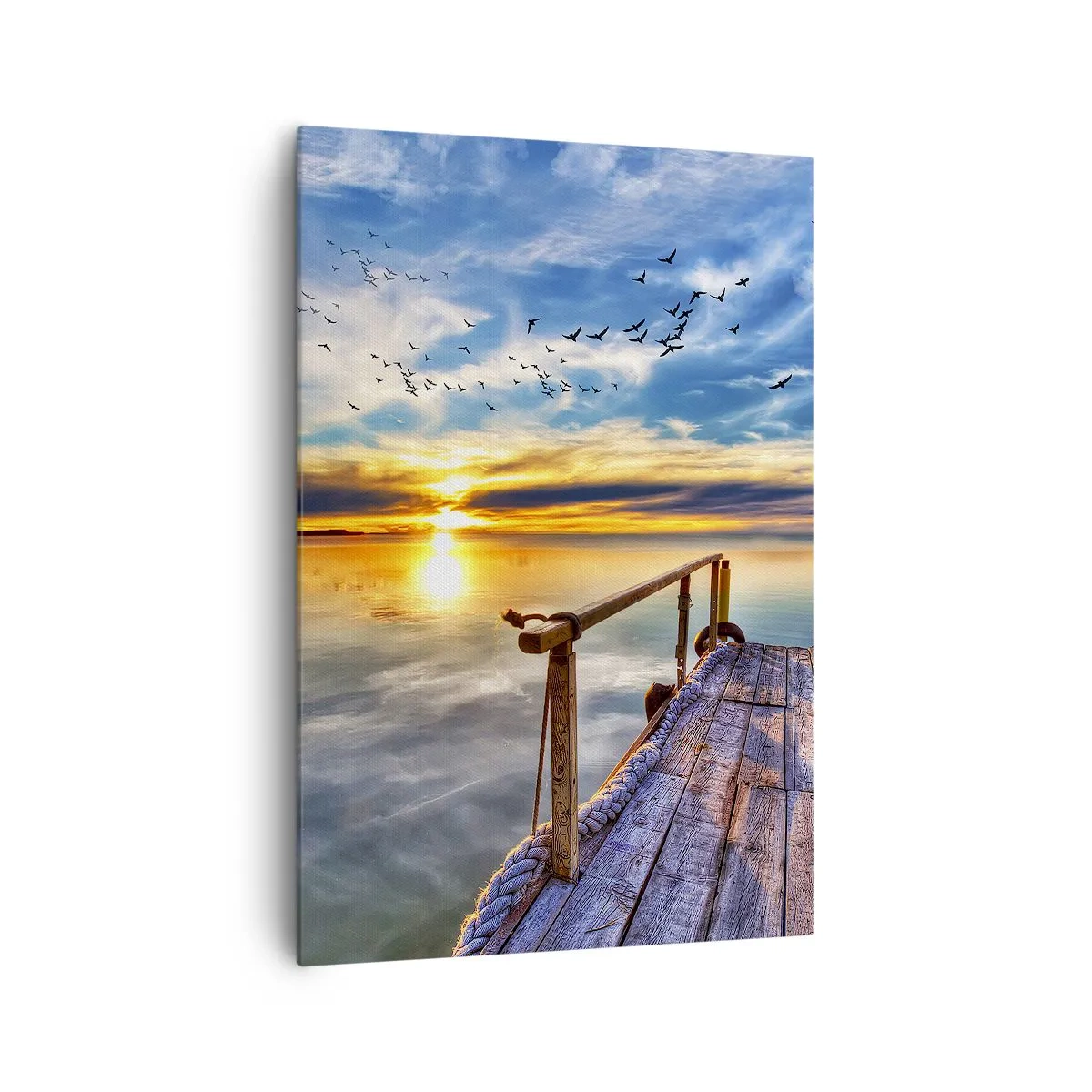 Bild auf Leinwand - Leinwandbild - Holzsteg über dem See bei Sonnenuntergang - 70x100cm - Der Wind geht zur Ruhe - Moderne Wanddekoration für Wohnzimmer und Schlafzimmer ARTTOR