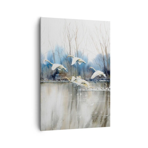 Bild auf Leinwand - Leinwandbild - Schwäne im Flug über einem zugefrorenen See in einer Winterlandschaft - 70x100cm - Wie im Märchen von den wilden Schwänen - Moderne Wanddekoration für Wohnzimmer und Schlafzimmer ARTTOR