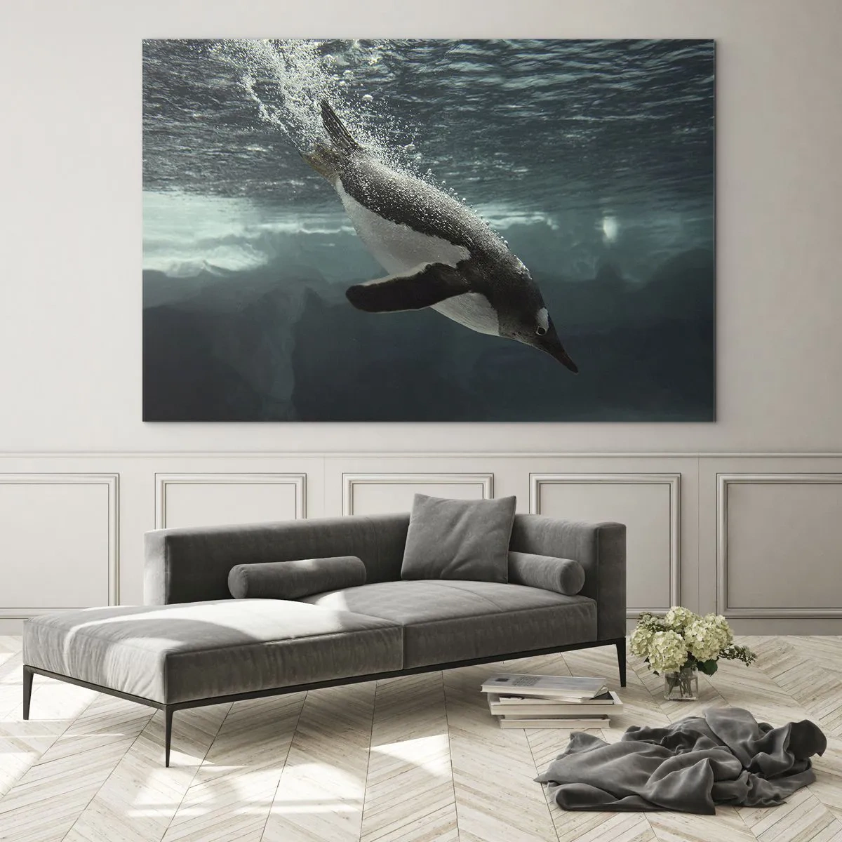 Glasbild - Bild auf glas - Pinguin unter Wasser - 70x50cm - Willkommen in meiner Welt - Moderne Wanddekoration für Wohnzimmer und Schlafzimmer ARTTOR