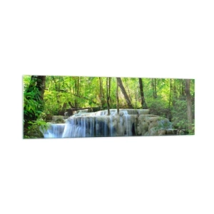 Glasbild - Bild auf glas - Ein Wasserfall zwischen grünen Bäumen mit blauem Wasser in einer natürlichen Umgebung - 160x50cm - In Türkis und Grün ertrinken - Moderne Wanddekoration für Wohnzimmer und Schlafzimmer ARTTOR