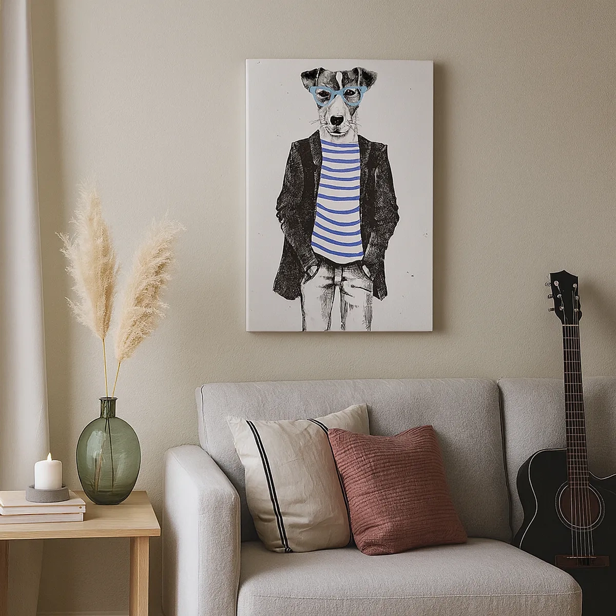 Bild auf Leinwand - Leinwandbild - Porträt eines Hundes mit Brille und Matrosenhemd im humorvollen Stil - 50x70cm - Auf den Charme des Hundes - Moderne Wanddekoration für Wohnzimmer und Schlafzimmer ARTTOR